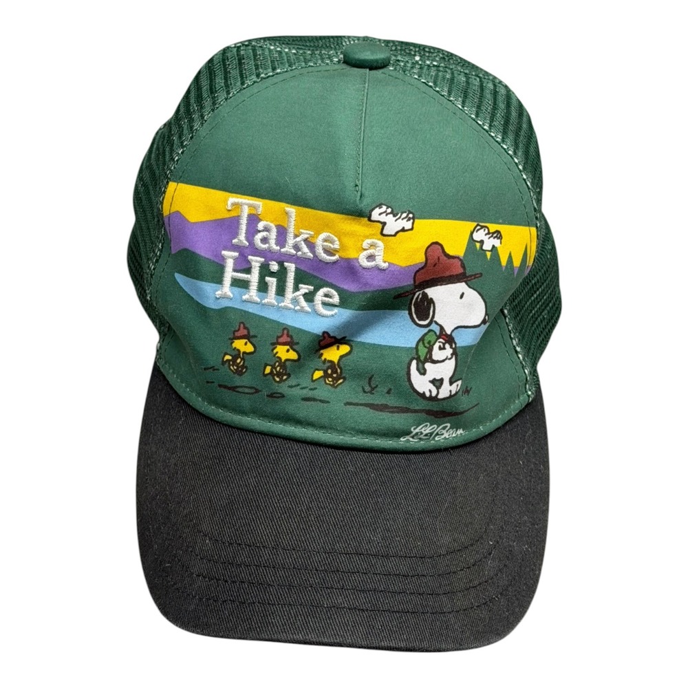 LL Bean Peanuts Snoopy Take a Hike Kids Trucker Hat Green Black 515386